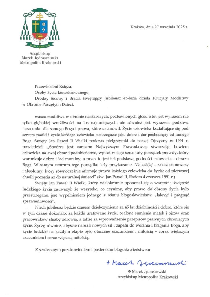 List ks. abp. Marka Jędraszewskiego